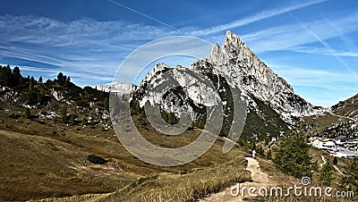 Sass de Stria mountain peak with Passo Falzarego in Dolomites Stock Photo