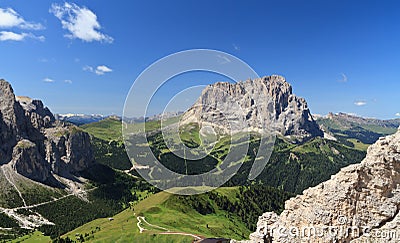 Sassolungo mount and Gardena pass Stock Photo