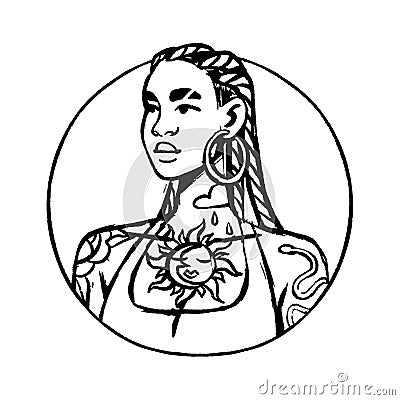 Sassy girl, face avatar in circle. Fashion young woman with dreadlocks, tattoo, ring earrings. Attractive female Vector Illustration