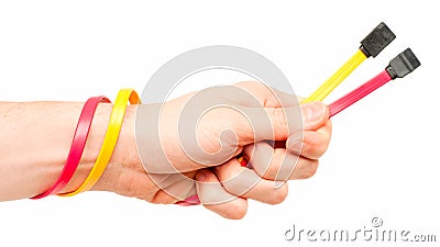 SATA cables in hand Stock Photo