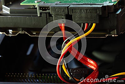 SATA computer connector and cables in a HDD hard disk drive closeup Stock Photo