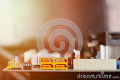 The SATA connector on the computer board. Connect data to the harddisk Stock Photo