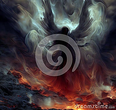 Satan looking through fire and smoke Stock Photo