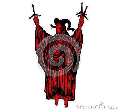 Satan, demon with horned goat head Baphomet with swords. Shadow of devil, Lucifer, Demon, death. Stock Photo