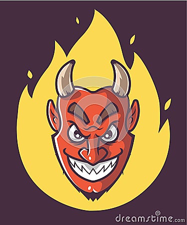 Satan`s head is on fire. purple background. Stock Photo