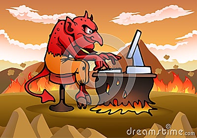 Satan using computer Stock Photo