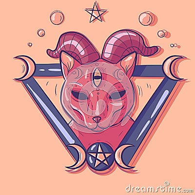 Satanic pink cat with demon horns and a third eye. Occult pet inside a triangle with moons, stars and pagan symbols around it. Vector Illustration