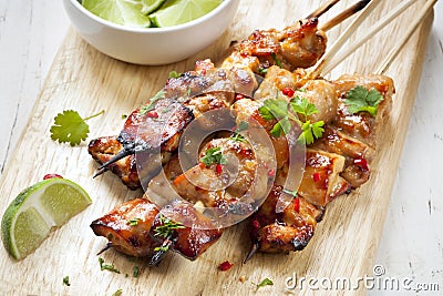Satay Chicken Skewers with Lime and Chili Stock Photo