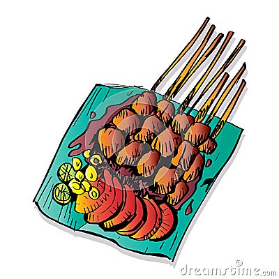 Sate Indonesian food, hand drawing illustration Cartoon Illustration