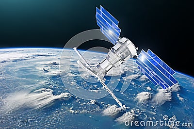 Satellite above the Earth makes measurements of the weather parameters. Sensing, research, probing, monitoring of in atmosphere El Stock Photo