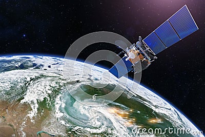 Satellite above the Earth measurements. Sensing, research, probing, monitoring of foci forest fires marked by outbreaks, smoke Stock Photo