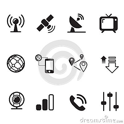 Satellite communication technology silhouette icons set Vector Illustration