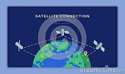 Satellite connection flat banner vector template. Modern telecommunication technology, worldwide information network Vector Illustration