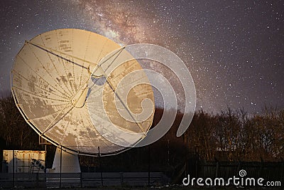 Satellite dish large and antenna for communication and mobile technology network at night starry sky showing the galaxy stars Stock Photo