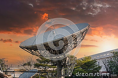 Satellite dish radar antenna station in field. parabolic antennas. Big parabolic antenna against sky. Satellite dish at earth stat Stock Photo