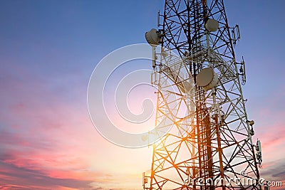 Satellite dish telecom at sunset communication technolog Stock Photo