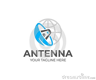 Satellite dish and world logo template. Satellite antenna vector design Vector Illustration