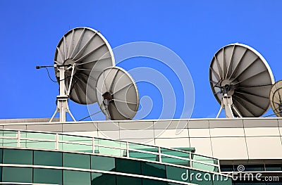 Satellite dishes, telecommunication media center. Stock Photo