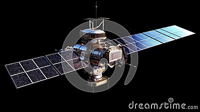 Satellite with Extended Solar Panels Against a Black Background Stock Photo