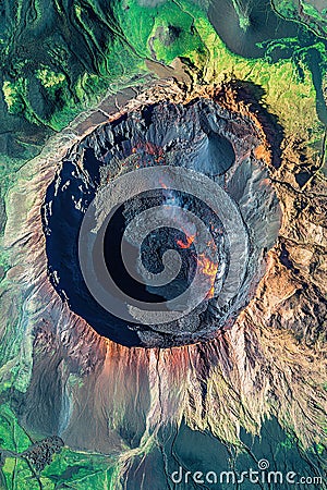 Satellite-generated GIS map of a volcanic crater with LiDAR data rendering elevation gradients and lava flow paths. Stock Photo