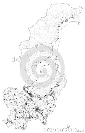 Satellite map of province of Como, towns and roads, buildings and connecting roads of surrounding areas. Lombardy, Italy. Vector Illustration