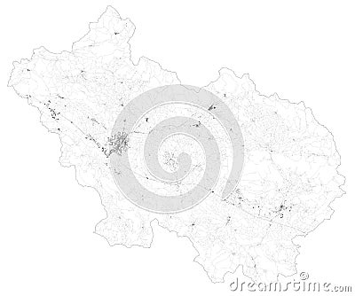 Satellite map of Province of Frosinone, towns and roads, buildings and connecting roads of surrounding areas. Lazio region, Italy. Vector Illustration