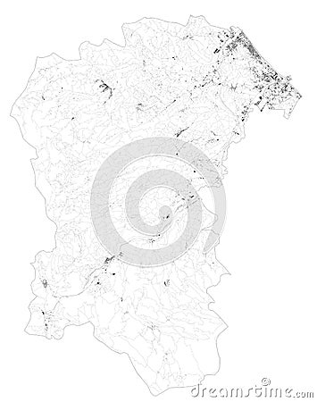 Satellite map of Province of Pescara, towns and roads, buildings and connecting roads of surrounding areas. Abruzzo region, Italy. Vector Illustration