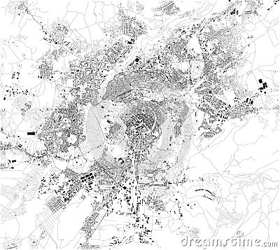 Satellite map of Yerevan. It is the capital and largest city of Armenia. Map of streets and buildings of the town center Vector Illustration