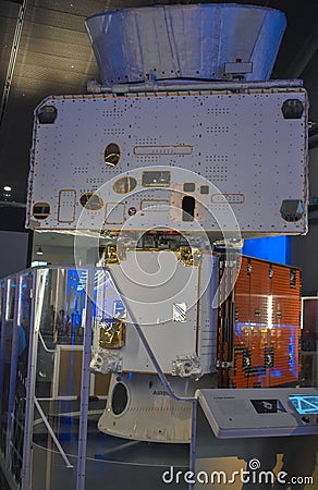 Satellite model details on display inside of Science Museum London UK Editorial Stock Photo