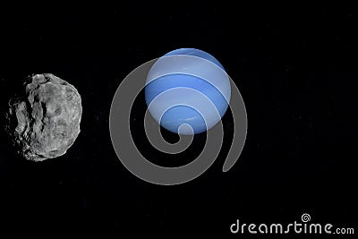 Satellite Nereid orbiting around Neptune planet in the outer space Stock Photo