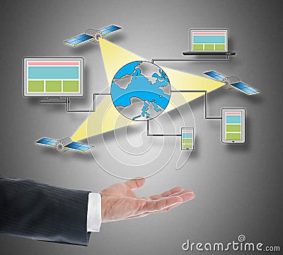 Satellite network concept levitating above a hand Stock Photo