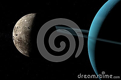 Oberon moon orbiting around Uranus planet in the outer space. 3d render Stock Photo