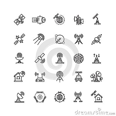Satellite and orbit communication, aerial line thin icons Vector Illustration