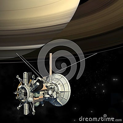 Satellite passing Saturn Cartoon Illustration