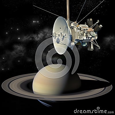Satellite passing Saturn Cartoon Illustration
