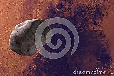 Satellite Phobos, Mars I, orbiting around Mars planet. 3d render Stock Photo