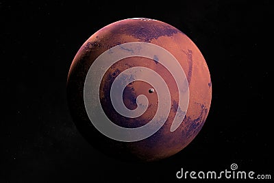 Satellite Phobos orbiting around Mars planet in the outer space. 3d render Stock Photo