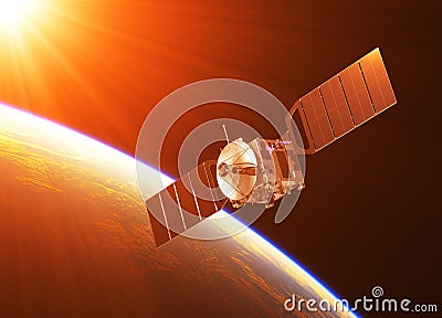 Satellite In The Rays Of Rising Sun Stock Photo