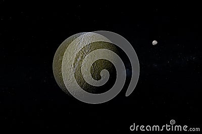 Satellite Rhea orbiting in the space with moon Iapetus. 3d render Stock Photo