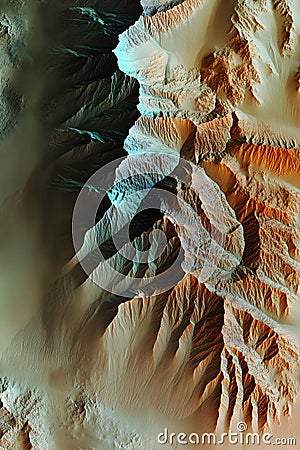 Satellite scan of a desert landscape rendered in 3D using GIS and LiDAR data with color-coded dunes and topographical elevation. Stock Photo