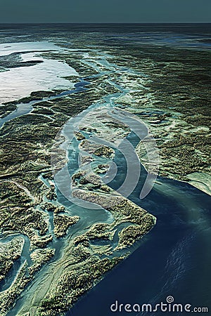 Satellite scan of a river delta rendered in 3D using LiDAR GIS data showing elevation and waterway patterns. Stock Photo