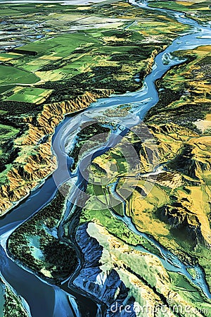 Satellite scan of a river delta rendered in 3D using LiDAR GIS data showing elevation and waterway patterns. Stock Photo