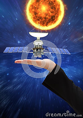 satellite solar panel on hand of businesswoman. Space Stock Photo