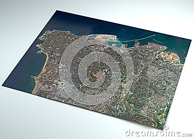 Satellite view of the city of Beirut in Lebanon. Streets and buildings. Place of the explosion in the port area Stock Photo