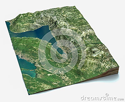 Satellite view of the largest fjord in the Mediterranean. The Bay of Kotor, Boka. 3d render. Section of the fjord. Map Stock Photo