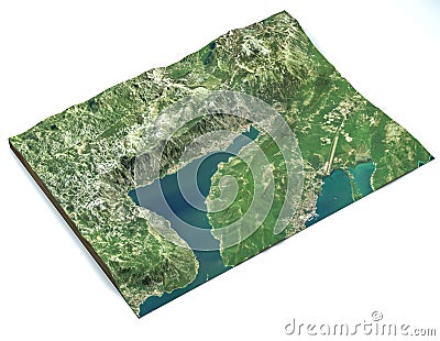 Satellite view of the largest fjord in the Mediterranean. The Bay of Kotor, Boka. 3d render. Section of the fjord. Map Stock Photo