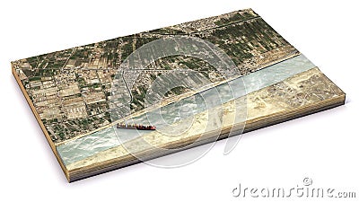 Satellite view of the Suez Canal. Reconstruction of the container ship stranded in the canal. Egypt Stock Photo