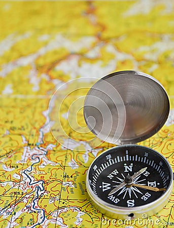 Satellites adventure - map and compass. Stock Photo