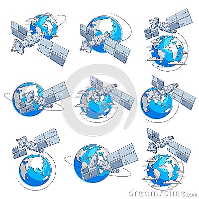 Satellites flying orbital flight around earth, communication technology spacecraft space station with solar panels and satellite Vector Illustration