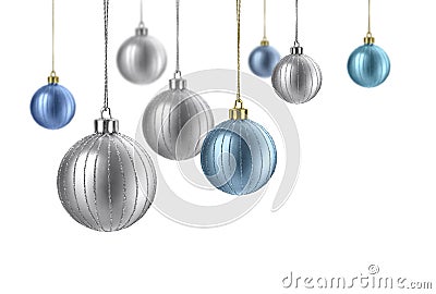 Satin silver and blue christmas balls Stock Photo
